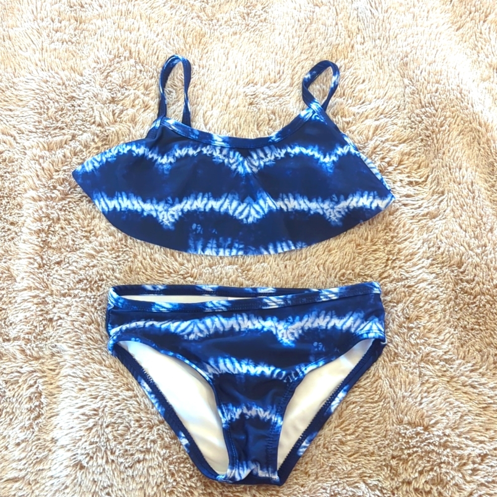 Gymboree, girls, two-piece, 5T, blue tie-dye, ruffle-top, swim-suit